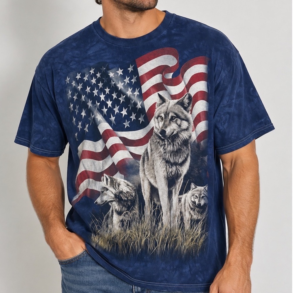 Vintage Style Wolf American Flag Graphic T Shirt Men's M Women's L Tie Dye